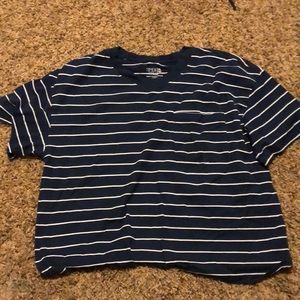 Time and Tru white and blue striped cropped tee with pocket, size XL